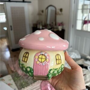 Pink Mushroom Cottage Ceramic Jar